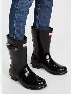 ☔️HUNTER Original Short Gloss Rain Boots in Black & Cream Interior, Sz 42/10.5
